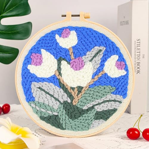 Woohome Punch Needle Kit Included Plastic Hoops, Punch Needle Cloth, Color Yarn and Punch Needle Tools for Adults, Beginners (White and Purple Flowers) - color: Color 18