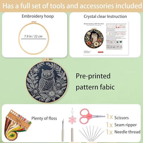 Ohcol Embroidery Kit Cross Stitch Kits for Beginners Needlepoint Kits for Adults Needle Point Kits with Owl & Hoop - color: Black - Owl