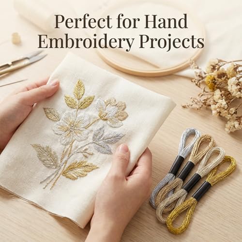 12 Skeins Metallic Embroidery Floss, Gold Silver Embroidery Thread, Multi-Purpose Cross Stitch Metallic Thread for Hand Crafts String Art Supplies (8m 12 Strands)
