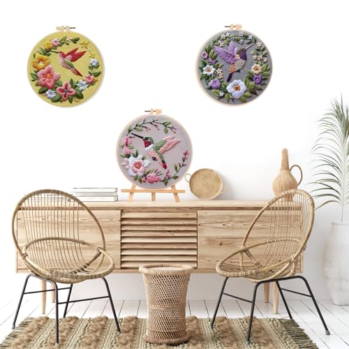LB 3 Pack Hummingbird Flower Embroidery Kit for Beginners Funny Simple Beginner Embroidery Kit for Adults DIY Starter Kit with Embroidery Hoop Colorful Threads Tools Step by Step Instructions - color: Pink
