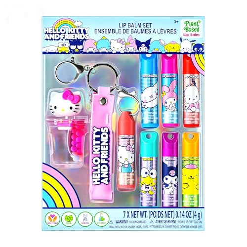 Hello Kitty Keychain Lip Balm Set, 7-Piece Plant-Based, Ages 3+ - color: Hello Kitty and Friends