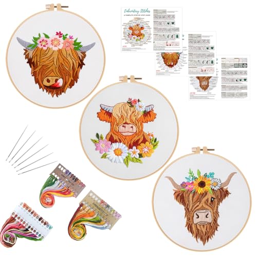 Louise Maelys 3 Pack Highland Cow Embroidery Kit for Beginners Floral Art - color: Animals-9