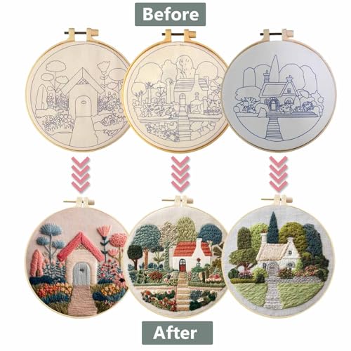 3 Packs Embroidery Kit for Adults, Embroidery for Beginners (Cottage) - color: Cottage