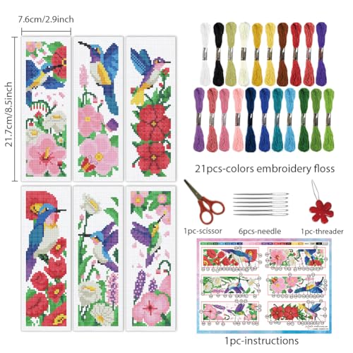 INFUNLY 6pcs Hummingbirds Cross Stitch Bookmark Kit for Adults Beginners Flowers DIY Cross Stitch Kits Pre-Printed Plants Stamped Embroidery Bookmark Kit with Instruction for Book Lovers Readers - style: Hummingbirds