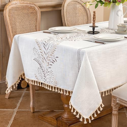 Alsoo Rectangle Tablecloth 55" x 120", Farmhouse Linen Style Table Cloth with Brown Fern Embroidery & Tassels, Heavy Weight Wrinkle & Spill Resistant Table Cover for Dining Kitchen - color: Brown Ferns, size: 120" x 55" (Rectangular)