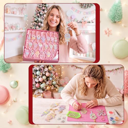 Tondiamo 20 Pcs Christmas Macaron Candy Diamond Painting Keychain Kits 5d DIY Diamond Art Pendants Double Sided Hanging Key Chains for Christmas Party Decoration DIY - style: Macaron Candies