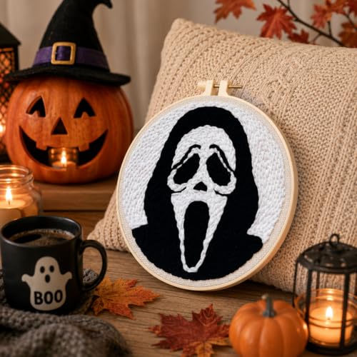Punch Needle Kit for Beginners Adults-Grimace, with Embroidery Hoop - color: Punch Needle kit-Ghost Face