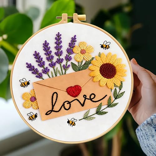 Zhenqing Love Envelope Embroidery Kit for Beginners, Pre-Printed 29x29cm Cotton Fabric with 20cm Hoop, Romantic Design with Sunflowers and Lavender (C0238)