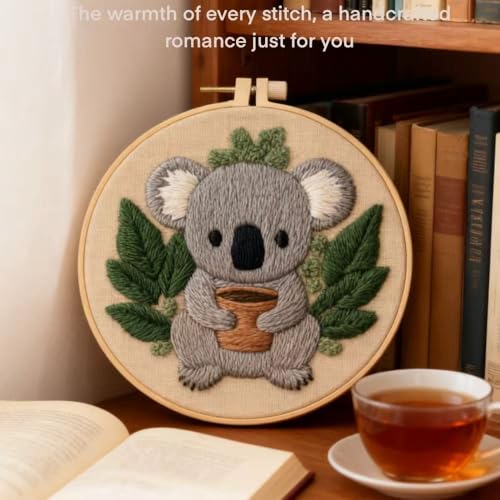 HCANPER Cute Koala Embroidery Starter Kit,DIY Needle Punch Kit, Punch Needle Kits for Beginners,Include Pre-Printed Fabric,Tools,Embroidery Hoop,Threads. (Cute) - color: Cute