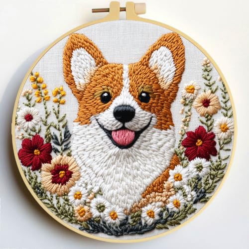 Punch Needle Kits Corgi Dog in Flowers 20x20cm-3