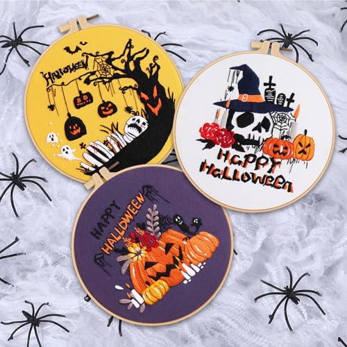 FONNUY Halloween 3 Set Embroidery Kit DIY for Adult Beginner, Pre-Stamped Patterns Pumpkin Skull Embroidery Kits with Embroidery Hoop, Colored Threads and Needles, Easy to Follow Needlework