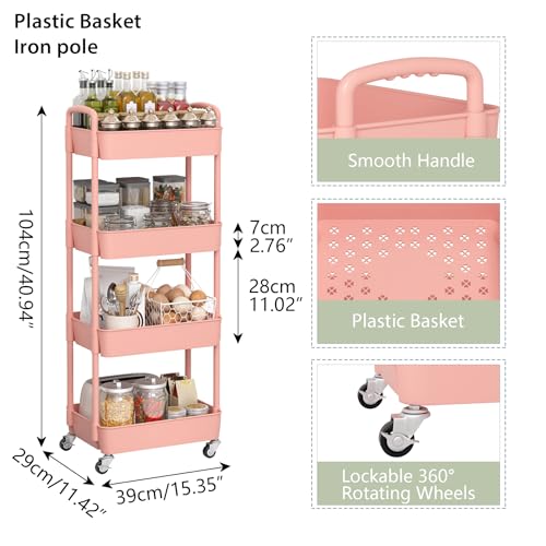 Sywhitta 4-Tier Plastic Rolling Utility Cart with Wheels for Storage, Pink - color: Pink, size: 4-tier