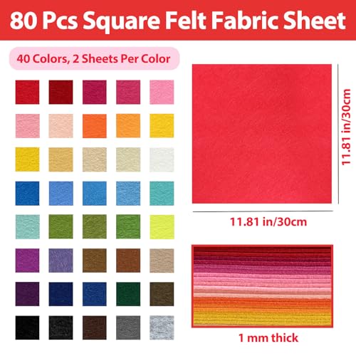 80 Pcs Wool Blend Felt Squares Sheets Bulk, 12"x12", 1MM Thick - size: 12'' x 12''- 1MM Thickness