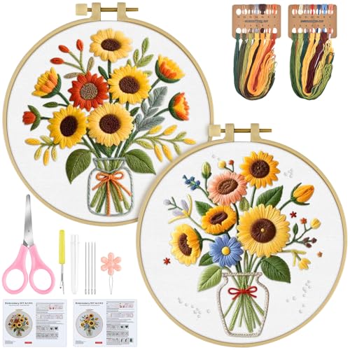 ERKOON Embroidery Kit for Beginners Adult, 2 Set Flower Cross Stitch Set Include Embroidery Cloth Hoops Threads for Craft Lover Hand Stitch with Embroidery Skill Techniques (Sunflower) - color: Sunflower