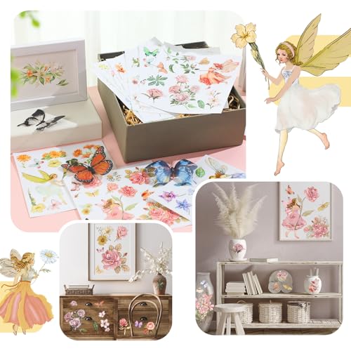 BBTO 12 Sheets Rub on Transfers for Crafts Wood Furniture DIY, 5.5" x 5.7" - style: Flower Fairy