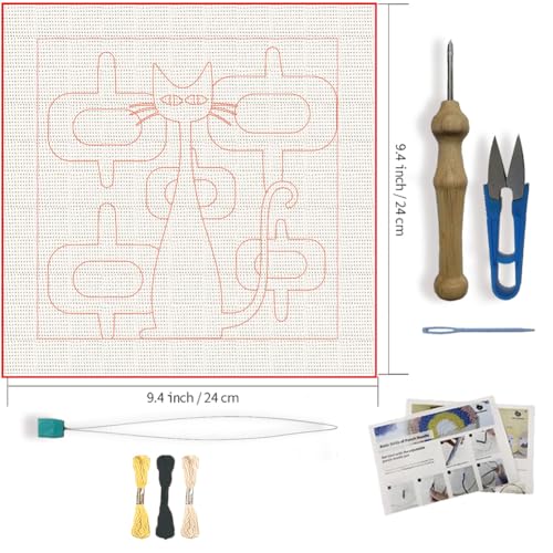 FREEBLOSS DIY Punch Needle Kit Abstract Cat Punch Needle Embroidery Wall Hanging Painting Punching Needles Starter Kit for Beginners with Complete Tools, Already Framed, 9.4x9.4inch - color: Multicolored (including Yellow)
