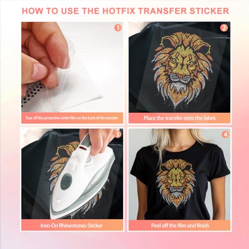 1 Pc Lion Rhinestone Iron on Hotfix Transfer Decal, Bling DIY Patch Clothing Repair Applique T-Shirt Vest Shoes Hat Jacket Decor Clothing DIY Accessories - color: Lion