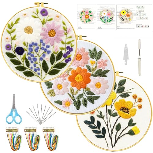 FEIYUENO 3 Sets Flowers Embroidery Kit for Beginner Adults (Sunflower) - color: Sunflower