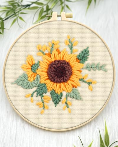 ERKOON Punch Needle Kit Beginners Adults, DIY Easy Flower Embroidery Set for Starter Art Craft, Needling Punching Project with Patterns, Tools, Yarns, Hoop, Instruction (Yellow Flowers) - color: Sunflower-1