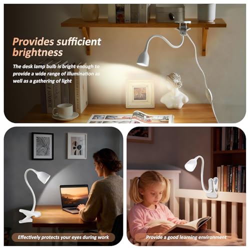 EJIAXIN Desk Lamp for Home Office - Clip on Reading Light and Bed Headboard Clamp Lamp, Bedside Gooseneck Table Lamp, Clip on Desk Lamps, Eye-Caring Desk Lamp for College Dorm Room Study Lamp, White