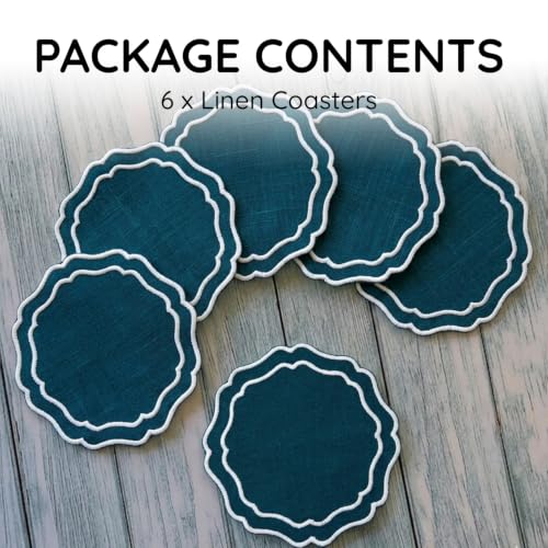 Linen Coasters for Drinks Set of 6, Peacock - color: 1122 - Peacock, size: 6 inches