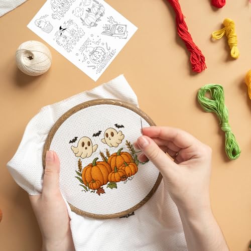 Rngmsi Water Soluble Embroidery Patterns - 4 Sheets Halloween Stick and Stitch Embroidery Designs, Spooky Pumpkin Ghost Skull Bat Theme Wash Away Transfer Paper Stabilizers for Hand Sewing - color: Halloween Spooky Pumpkin