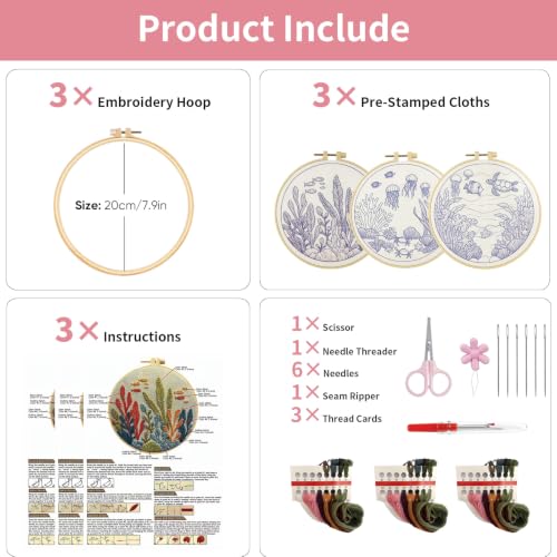 LYMIGER 3 Packs Embroidery Kit for Adults, Embroidery for Beginners (Sea) - color: Sea
