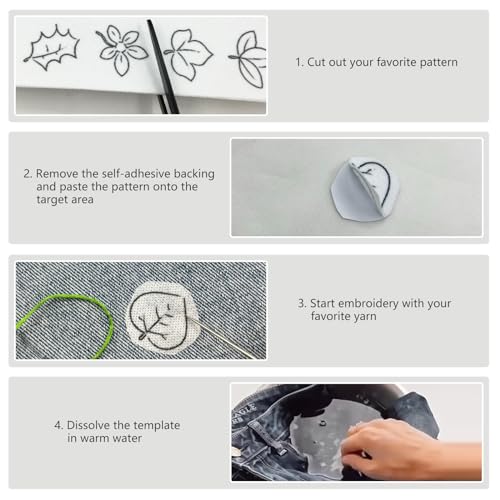75 Pcs Stick and Stitch Embroidery Paper Designs 3 Sheets A4 Water Soluble Stabilizer for Embroidery Patterns Adhesive Embroidery Transfer Paper with Pre-Printed Flower Leave Butterfly for Hand Sewing