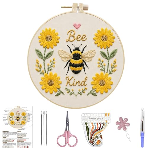 ARTopet Embroidery Kit for Adults Beginners Flower DIY Craft Starter Set Cotton Needlepoint Set with 7.87In Hoop Threads Tools Perfect Gifts for Hobbyists to Create Wall Art-Bee - color: Bee