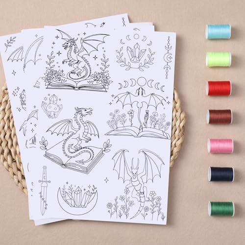 Water Soluble Stabilizer for Embroidery, 4 Sheet 60 Pcs Dragon Stick and Stitch Embroidery Papers Wash Away, Books Transfer Paper DIY Crafts Gifts for Hand Sewing Lovers Beginners - size: Dragon Book
