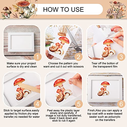 BBTO 12 Sheets Rub on Transfers for Crafts Wood Furniture DIY, 5.5" x 5.7" - style: Mushroom