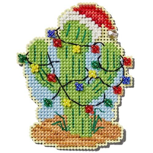 Mill Hill Christmas Cactus Beaded Counted Cross Stitch Ornament Kit 2024 Winter Holiday MH182435, 3" x 3", Multi