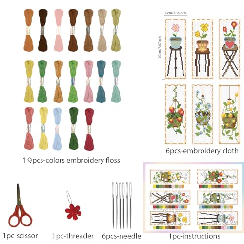 FREEBLOSS 6 Set Cross Stitch Bookmark Kit Green Plants 8 * 2.4'' 11CT - style: Potting
