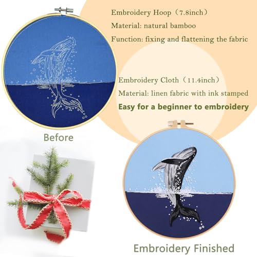 Picoey Embroidery Kit for Beginners with Animal Pattern and Instructions,4 Pack Cross Stitch Kits,2 Wooden Embroidery Hoops,Threads and Needles,Needlepoint Kit - color: Sea animal
