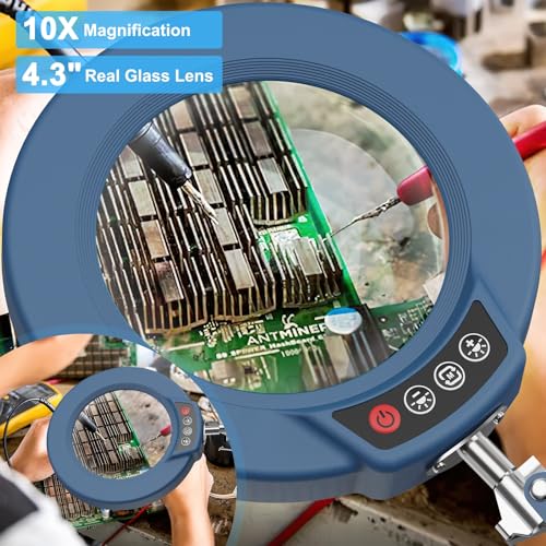 10X Magnifying Glass with Light and Clamp, Real Glass Stand Lighted Magnifier, 5 Color Modes Stepless Dimmable LED Desk Lamp Hands Free for Crafts Hobby Reading Painting Sewing Close Work - Blue - color: Blue, size: 10X-Regular Arm
