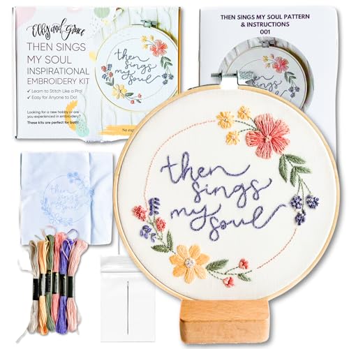 Elly & Grace Christian Embroidery Kit with Embroidery Hoop, Easy Embroidery Kit for Beginners and Adults, Full Embroidery Hoop Kit with Needles and Thread Included (Then Sings My Soul) - style: Then Sings My Soul