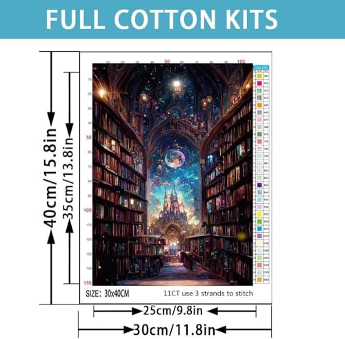 Castle Stamped Cross Stitch Kits for Adults -Library Embroidery Kits for Beginners Adults,11 CT Patterns Dimensions Counted Cross Stitch Kits for Adults Arts Craft 12x16 inch - color: Cross stitch-30