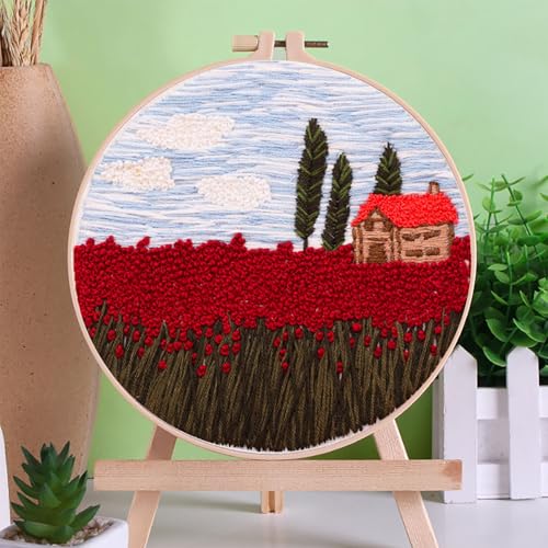 Zhenqing Red Flower Field Embroidery Kit for Beginners, Country Landscape Needlework Kit with Pre-Printed Fabric, Hoop, Threads & Tools, Cottage Wall Decor (S-CX0207) - color: Red Flower Field