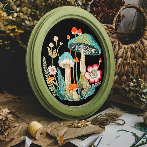 Mushroom Embroidery Kit for Beginners Adults, Stamped Hand Embroidery Kit, Embroidery Starter Kit with Floral and Mushroom Design, Cross Stitch Kits with Printed Embroidery Cloth and Embroidery Tools - color: Black Multi