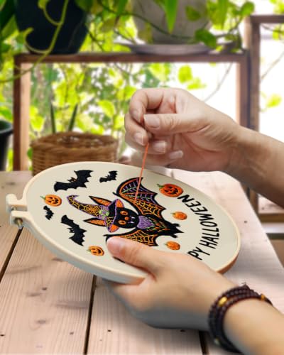 TINDTOP Halloween Embroidery Kit for Adult, 3 Pack Embroidery DIY Starter Kit, with Stamped Patterns, Hoop, Tools, Colorful Threads with Needles, Instructions - color: Halloween B