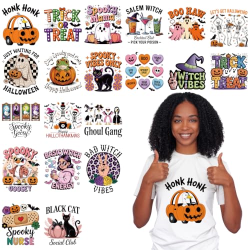 20 Pcs Halloween DTF Transfers Ready to Press - Funny Ghost Pumpkin Iron on Decals, Witch Black Cat Heat Transfer Designs for Shirts, Hoodies, Tote Bags, Pillow Covers, DIY Party Crafts - color: Halloween Funny Ghost
