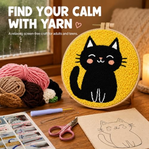 Punch Needle Kit for Beginners, DIY Black Cat Craft with Embroidery Hoop