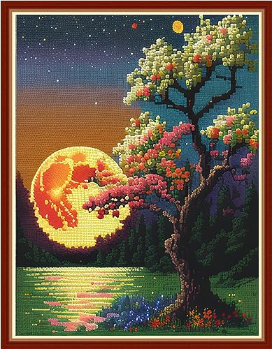 Redxing Cross Stitch Kit for Beginners Adults, 11CT Moonlight Scenery Stamped Kits Embroidery DIY Needlepoint Art Craft Kit, 15.7x19.7 inch - color: Style 11