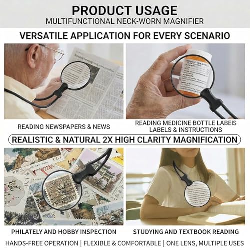Hands-Free Magnifying Glass, 5X & 10X Dual Magnification, Neck Hanging & Desktop Stand Magnifier for Reading, Crafts, Inspection,Black - color: Black
