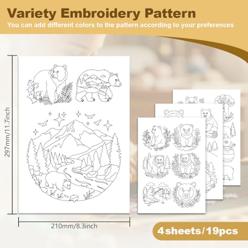 19Pcs Bear Flowers Water Soluble Hand Sewing Stabilizers, 8.3"x11.7" Cute Bear Mountain Forest Embroidery Pattern Stabilizer, 4 Sheets Animal Stick and Stitch Embroidery Paper Sticker