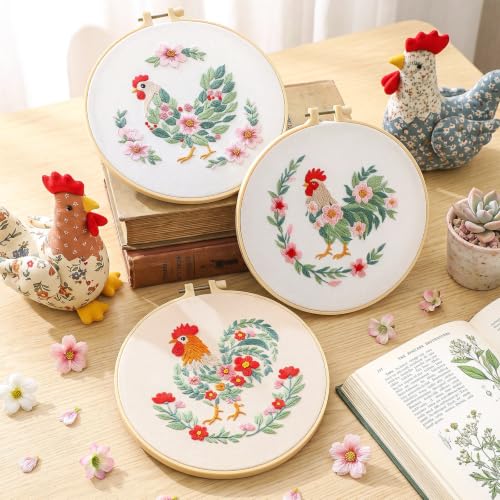 Mindsoft 3 Set Needlepoint Kit for Beginners with Hoop,Flower Rooster - style: Flower Rooster