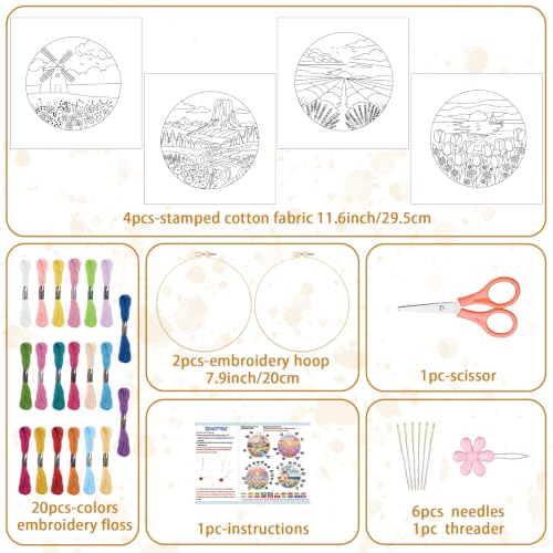 BEUNITONE 4 Set Embroidery Kits for Beginners, Pink Scenery Design with Pre-Stamped Pattern Craft Kits Include Instruction and Hoops, 7.9"x7.9" Needlepoint Kits for Festival Gifts and Home Decor - style: C-Dreamy Scenery