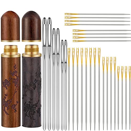 Fbshicung 24 Pieces Self Threading Needles Double Hole Needles, 6 Pieces Large Eye Stitching Needles Sewing Needles with 2 Pieces Wooden Needle Case Carving Pattern Case for Sewing Embroidery