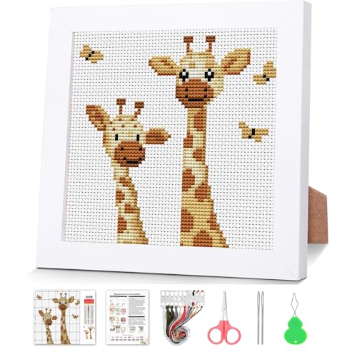 VIGEGU Giraffe Stamped Cross Stitch Kits for Adult Beginner with Frame - color: Giraffe