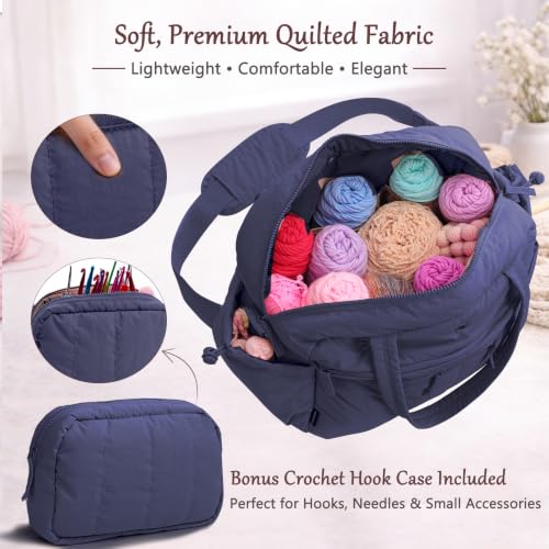 MYBAGZING Large Crochet Bag Organizer w/Crochet Hook Case & Yarn Grommets - color: Navy